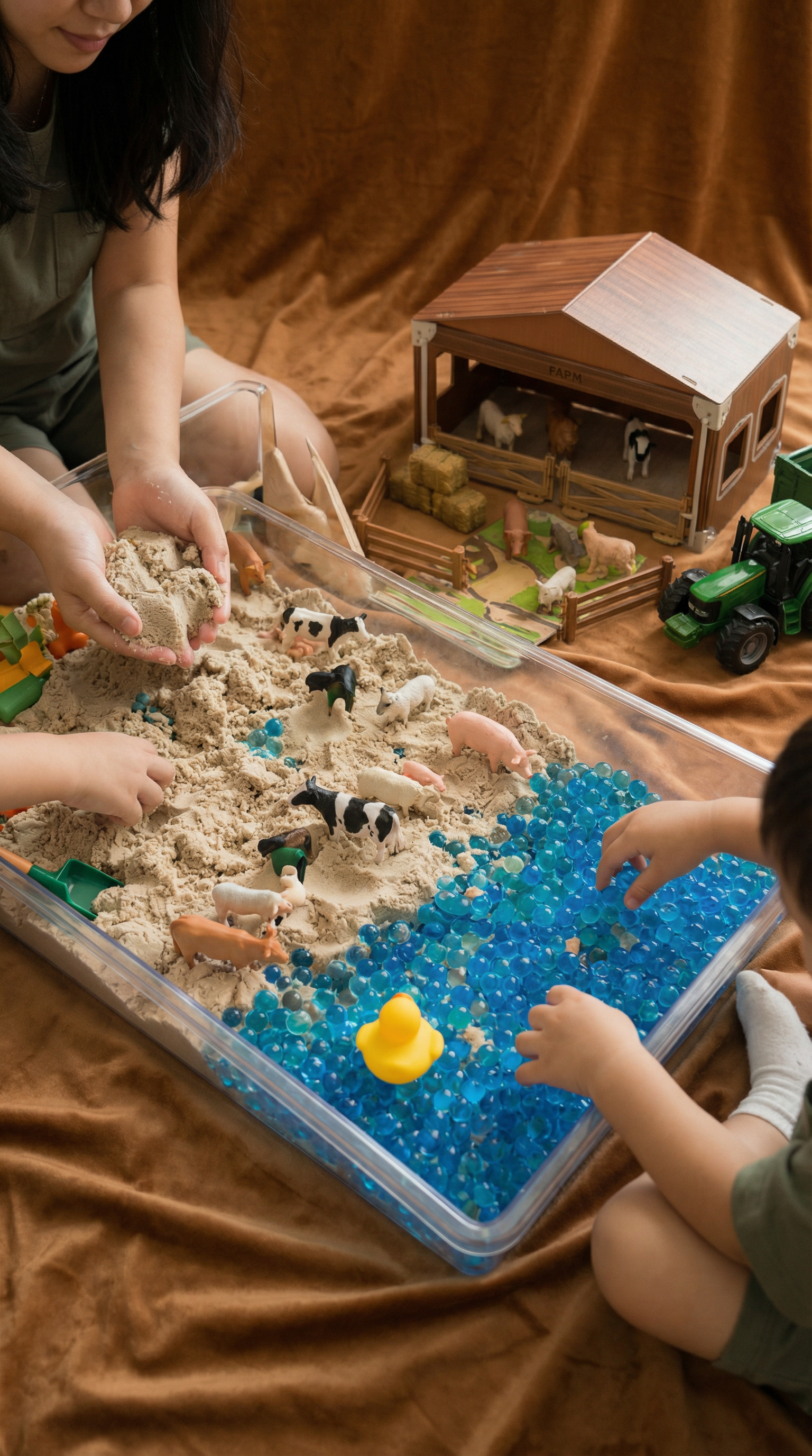 A person and a child play with a sensory bin containing kinetic sand, plastic animal figures, and blue water beads.