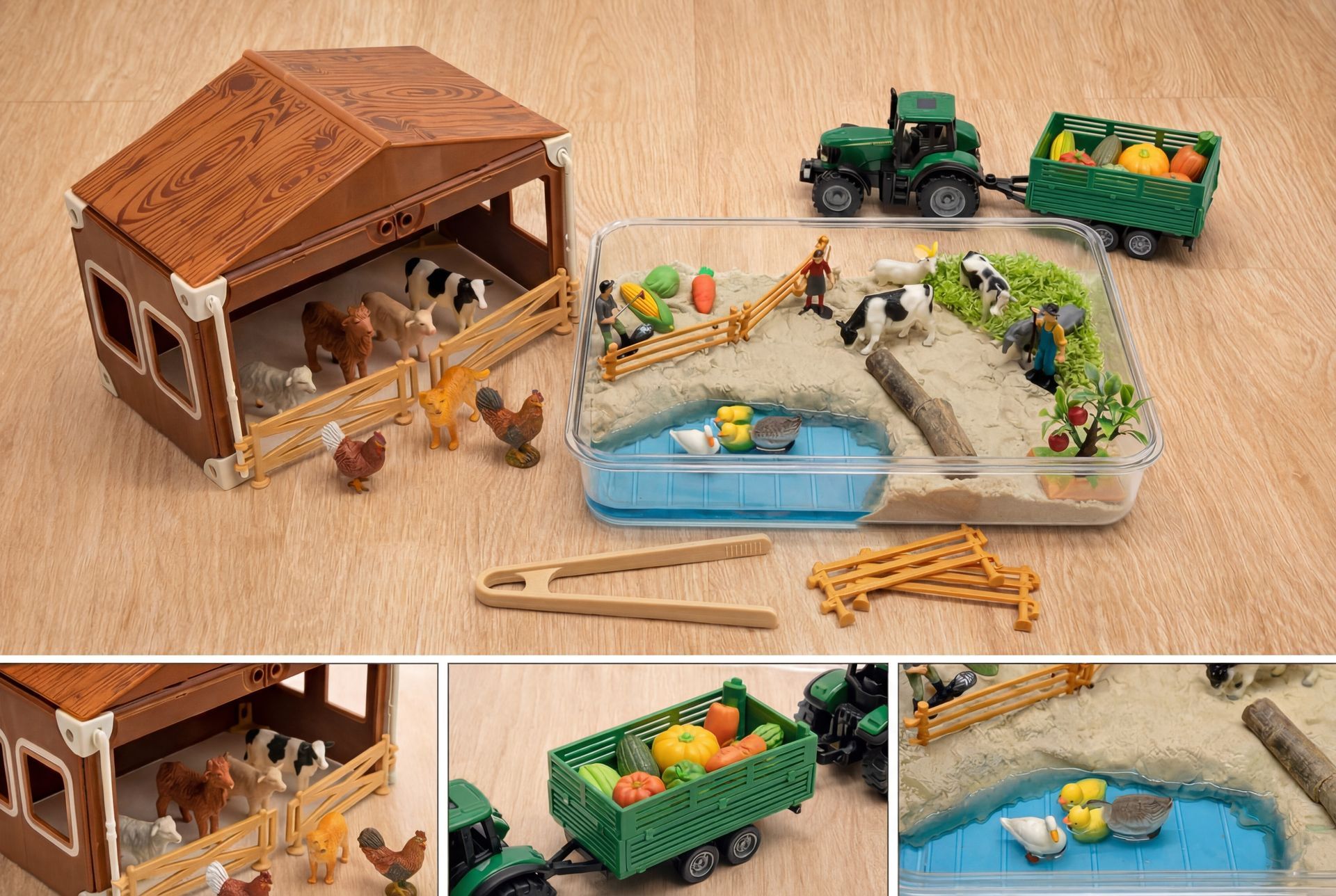 A toy farm set featuring a barn, a green tractor with a produce trailer, a sensory bin with sand and water, and info cards.