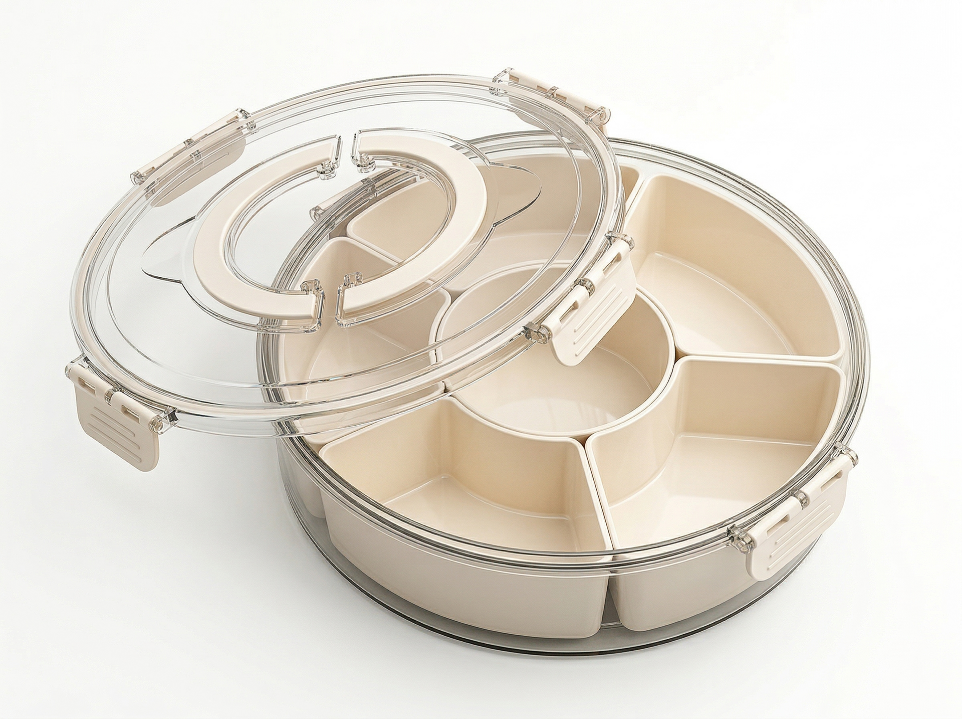 A round, clear plastic food storage container with multiple beige compartments and a matching lid, shown open.