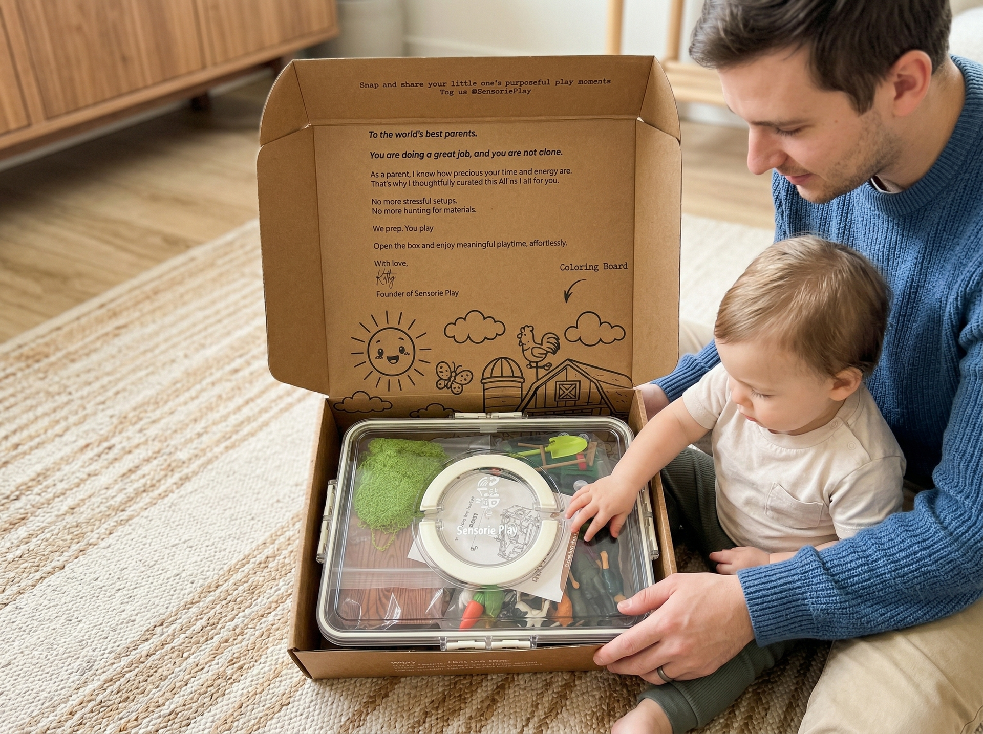 Parent and child opening Sensorie Play sensory kit box for ready to play learning activity