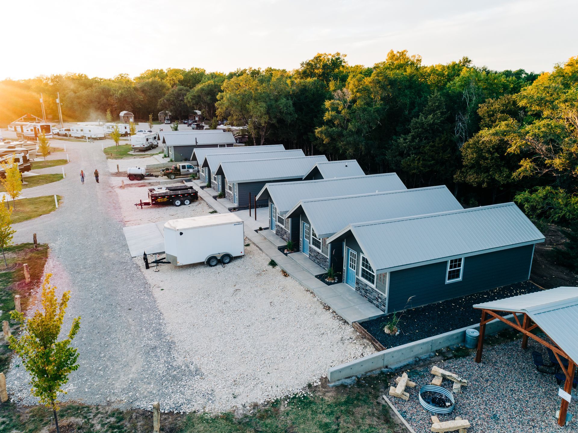 Aerial view of single story suite cabins at Creek Side Resort.