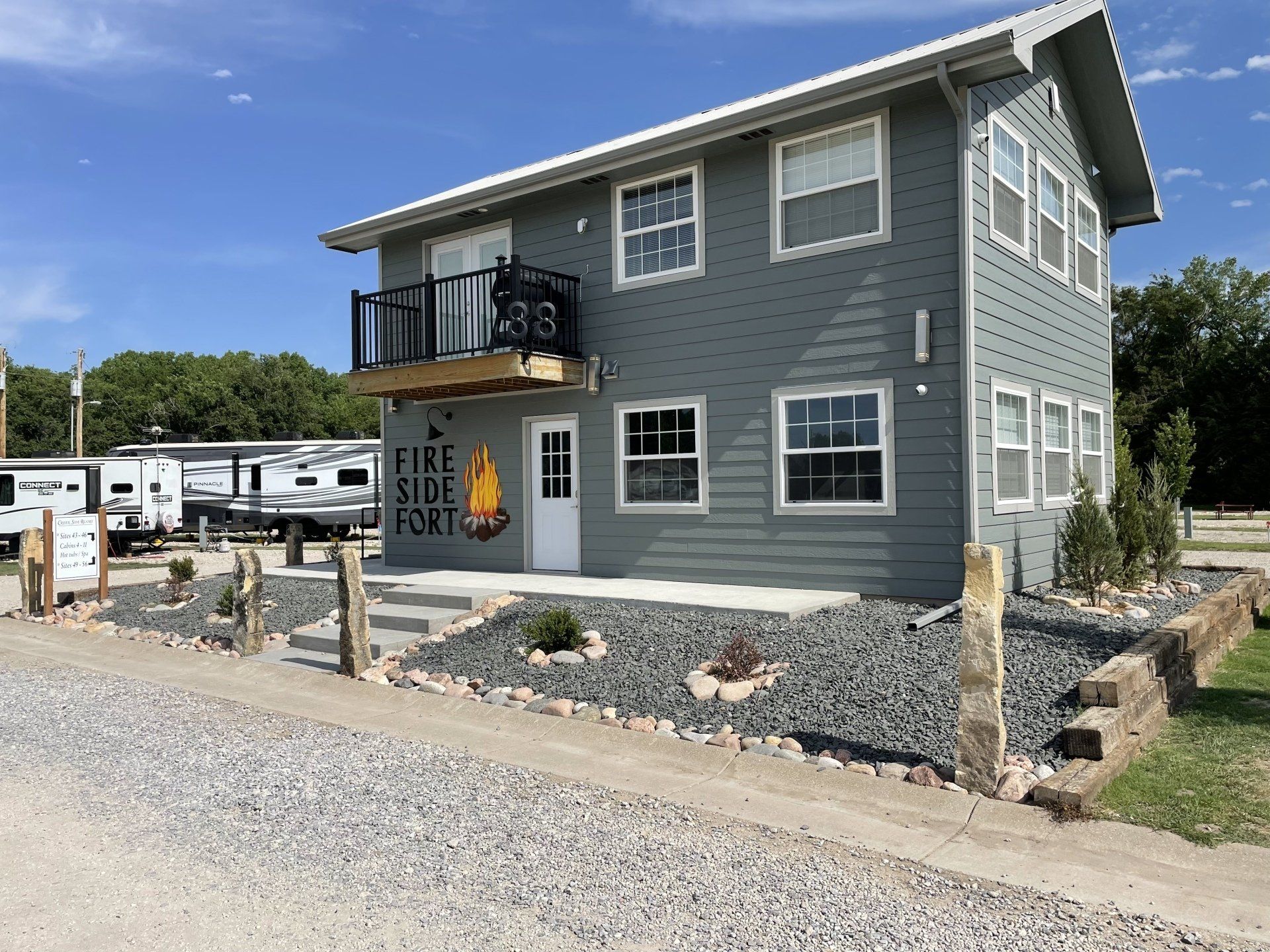 Fire Side Fort at Creek Side Resort includes washer and dryers, bathrooms, and a common area in Hays, KS