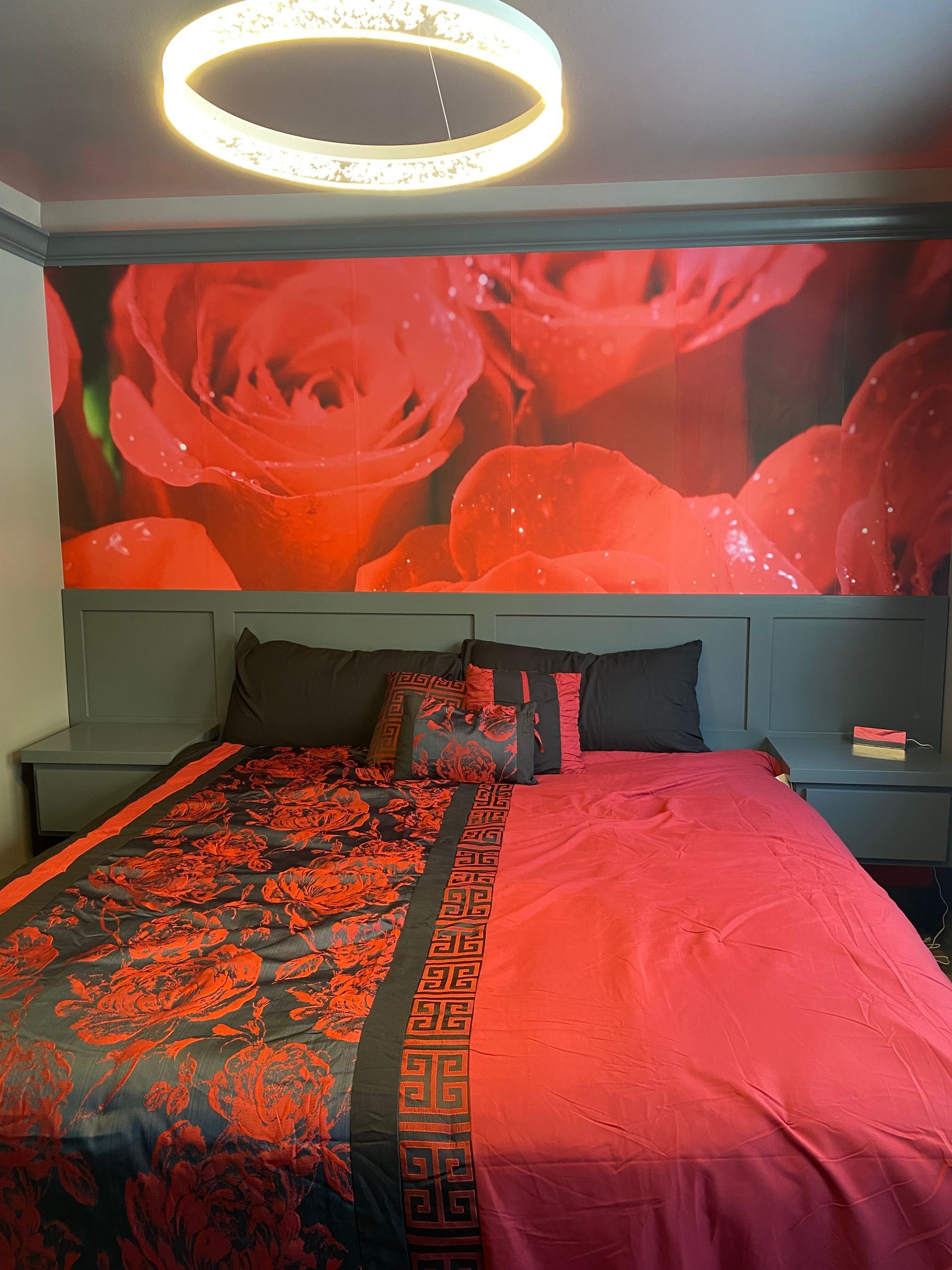 King Bed at Cabin 8 at Creek Side Resort in Hays, KS