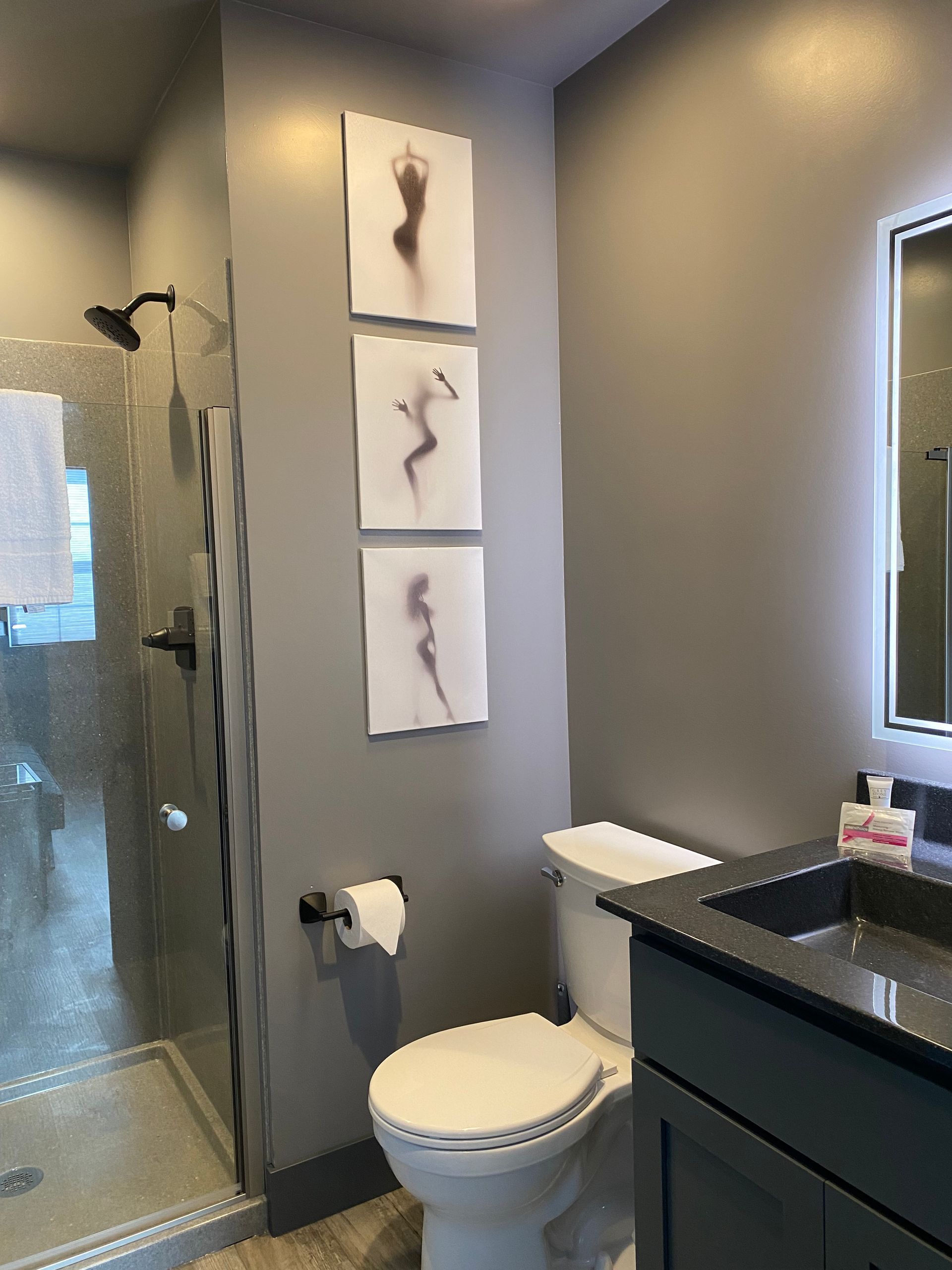 Bathroom and artwork in Cabin 8 at Creek Side Resort.