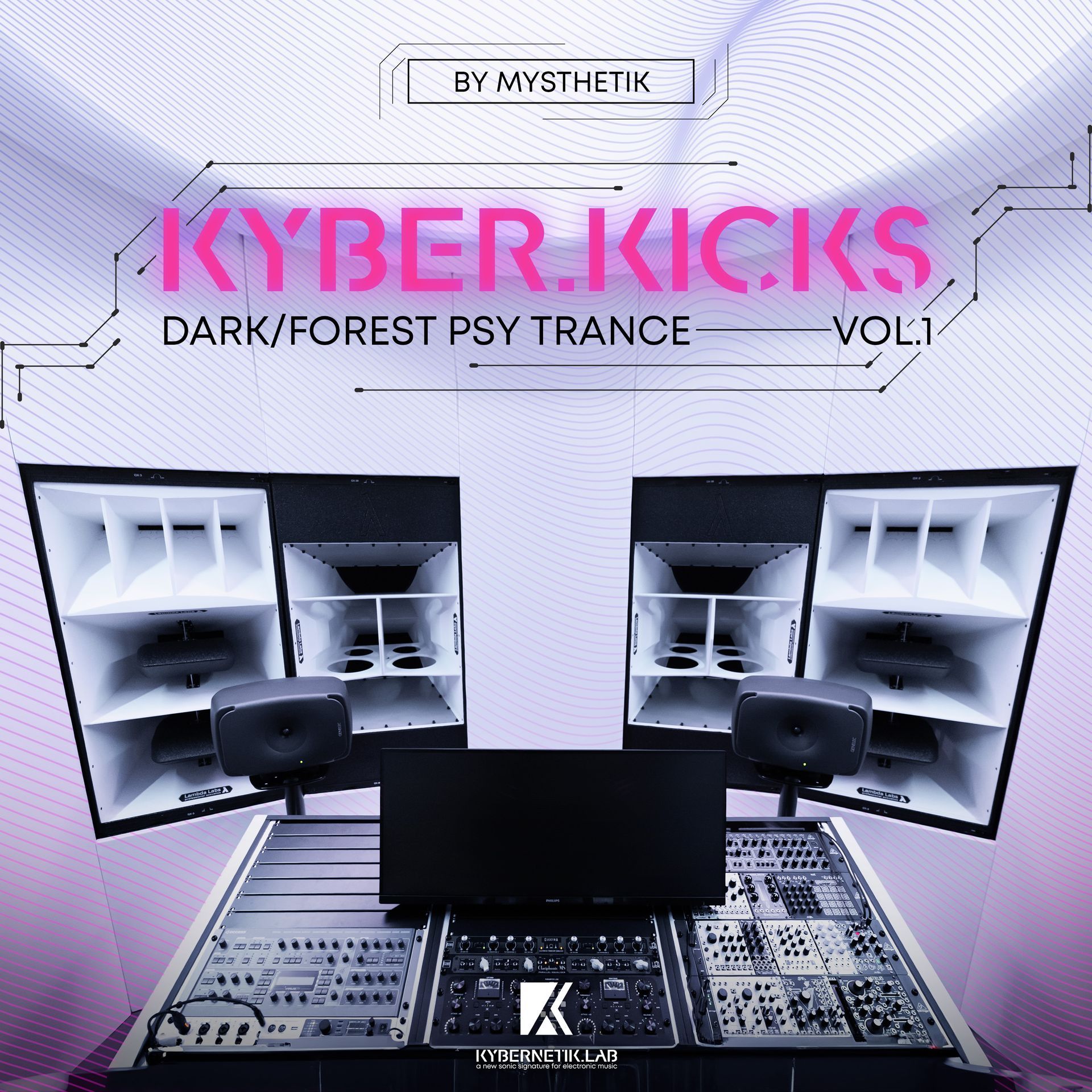 Dark psytrance audio production setup with speakers, mixer, and 
