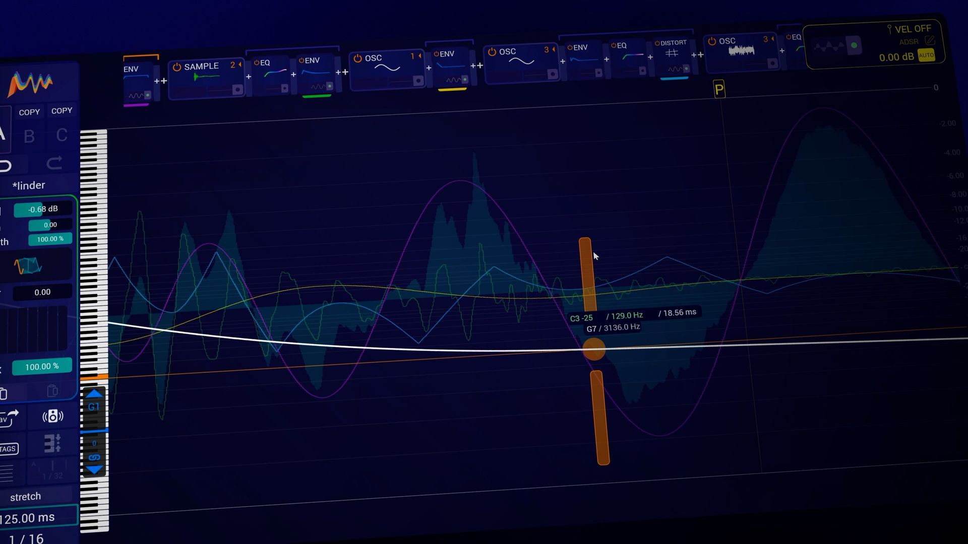 A sound wave visualizer, displaying green and yellow audio waveforms, with a menu box showing note details.
