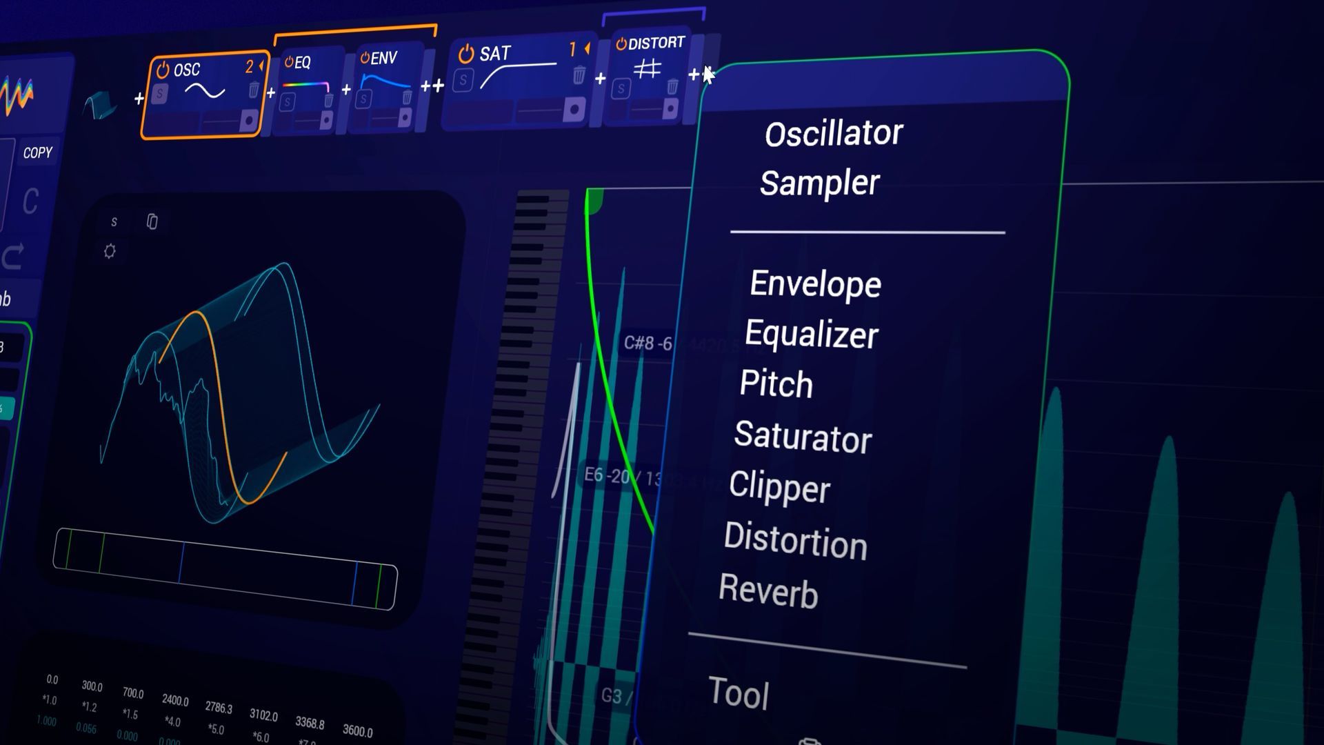 Interface of a synthesizer displaying a green waveform with a keyboard and various controls on a dark purple background.