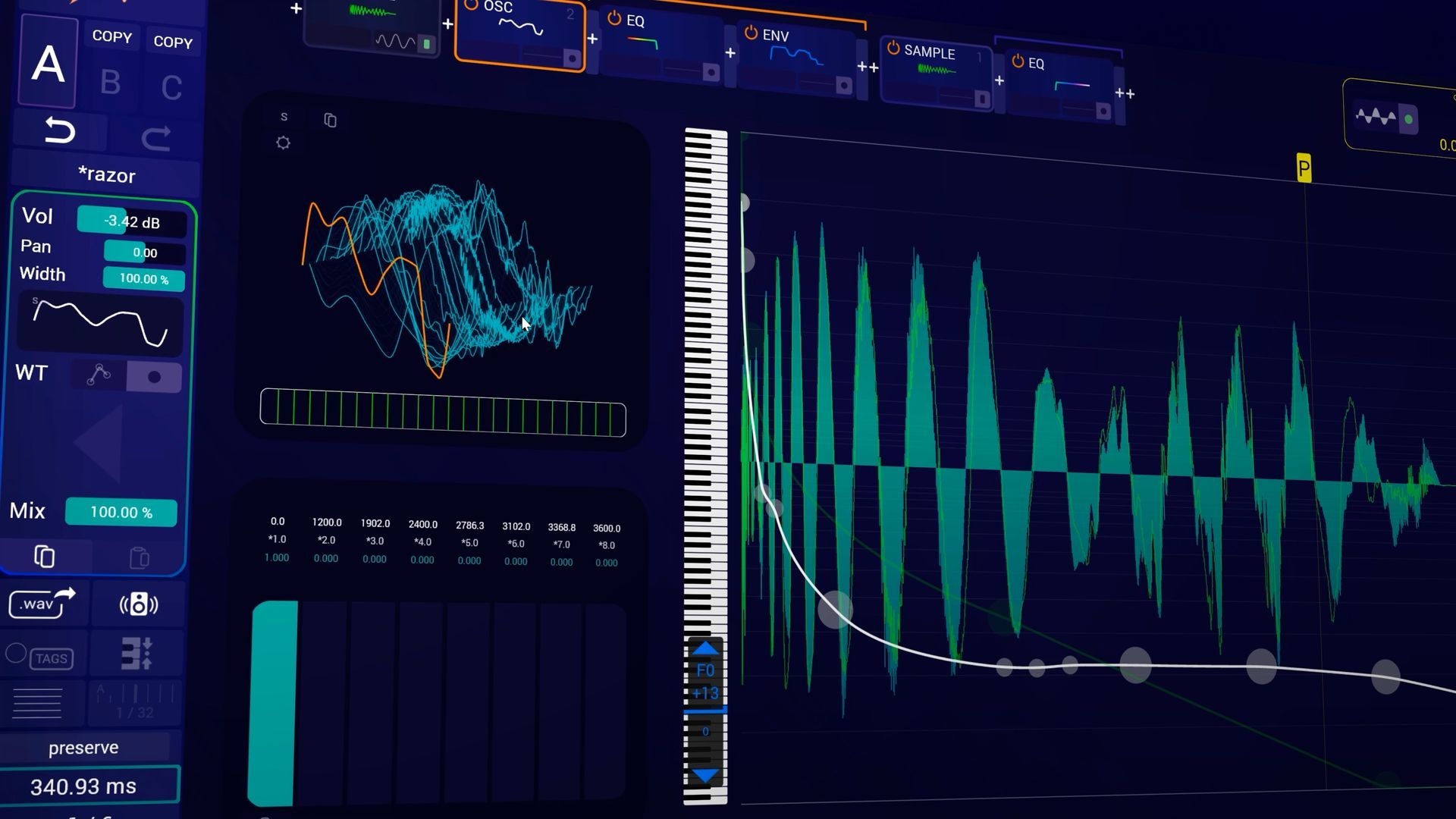 Synthesizer interface displaying audio waveform, controls, and keyboard on a dark purple background.