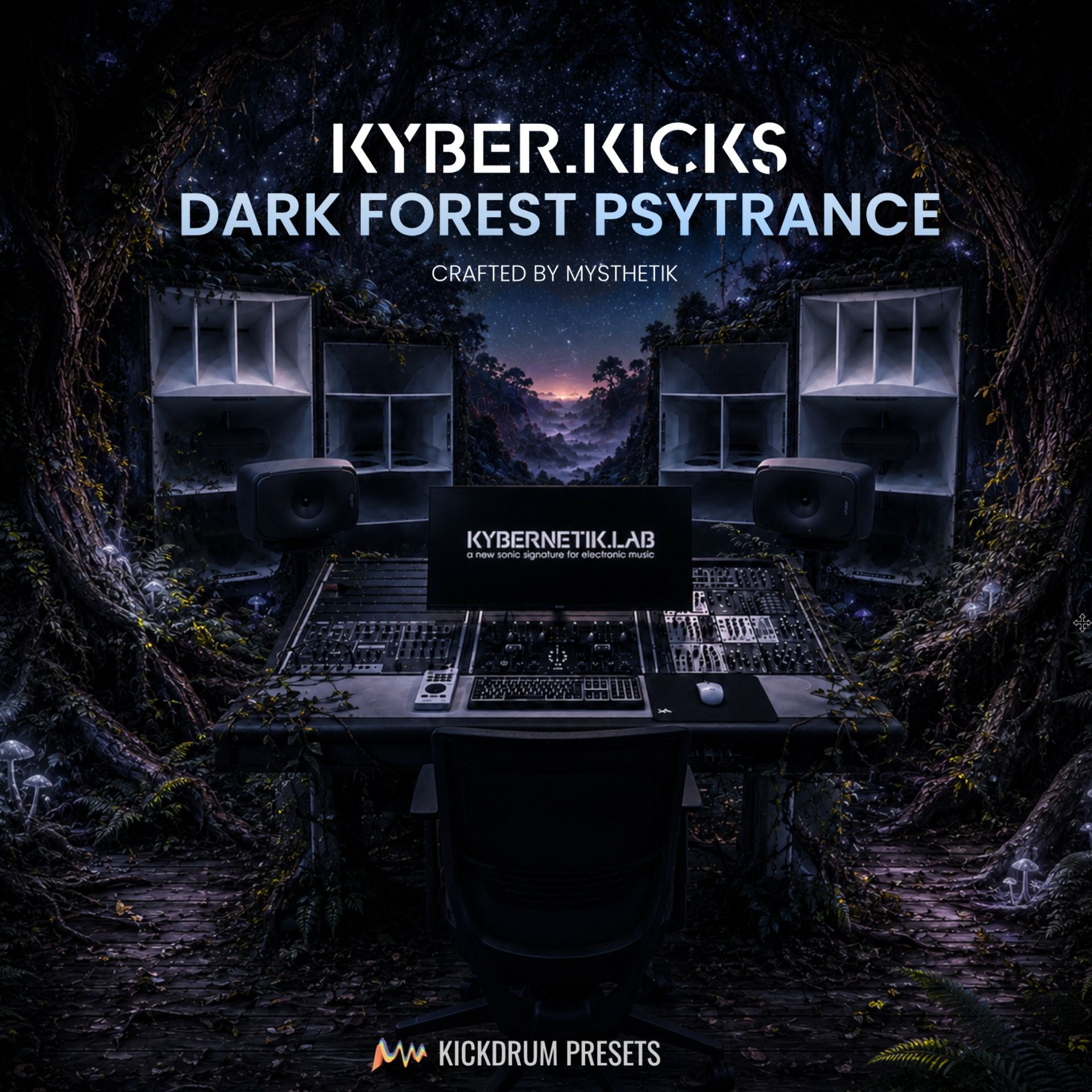 Dunkler psychedelischer Wald mit DJ-Equipment und Lautsprechern, betitelt „KYBER.KICKS DARK FOREST PSYTRANCE“