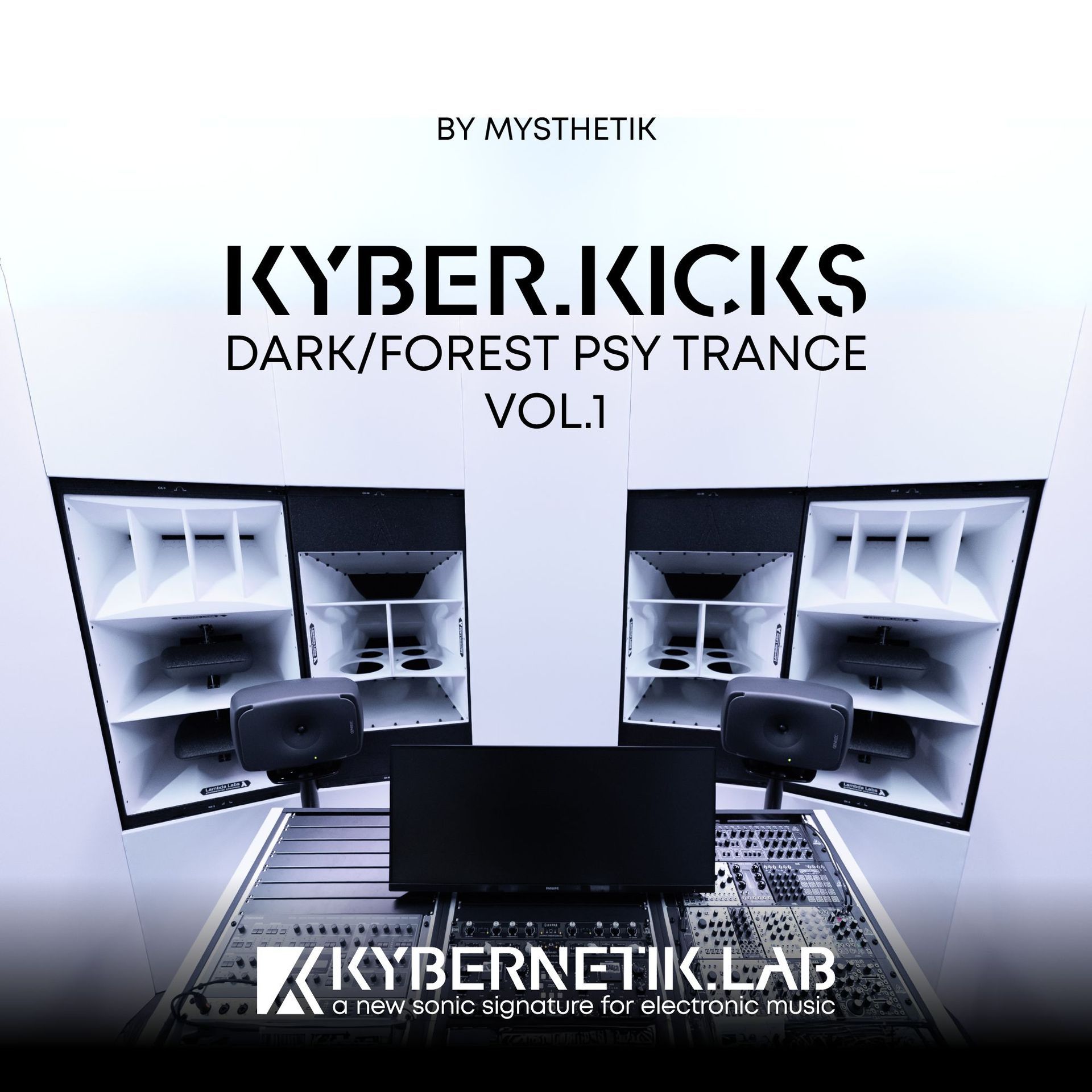 Dark psytrance audio production setup with speakers, mixer, and