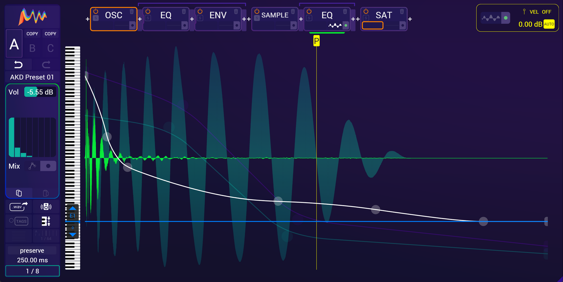 Synthesizer interface displaying audio waveform, controls, and keyboard on a dark purple background.