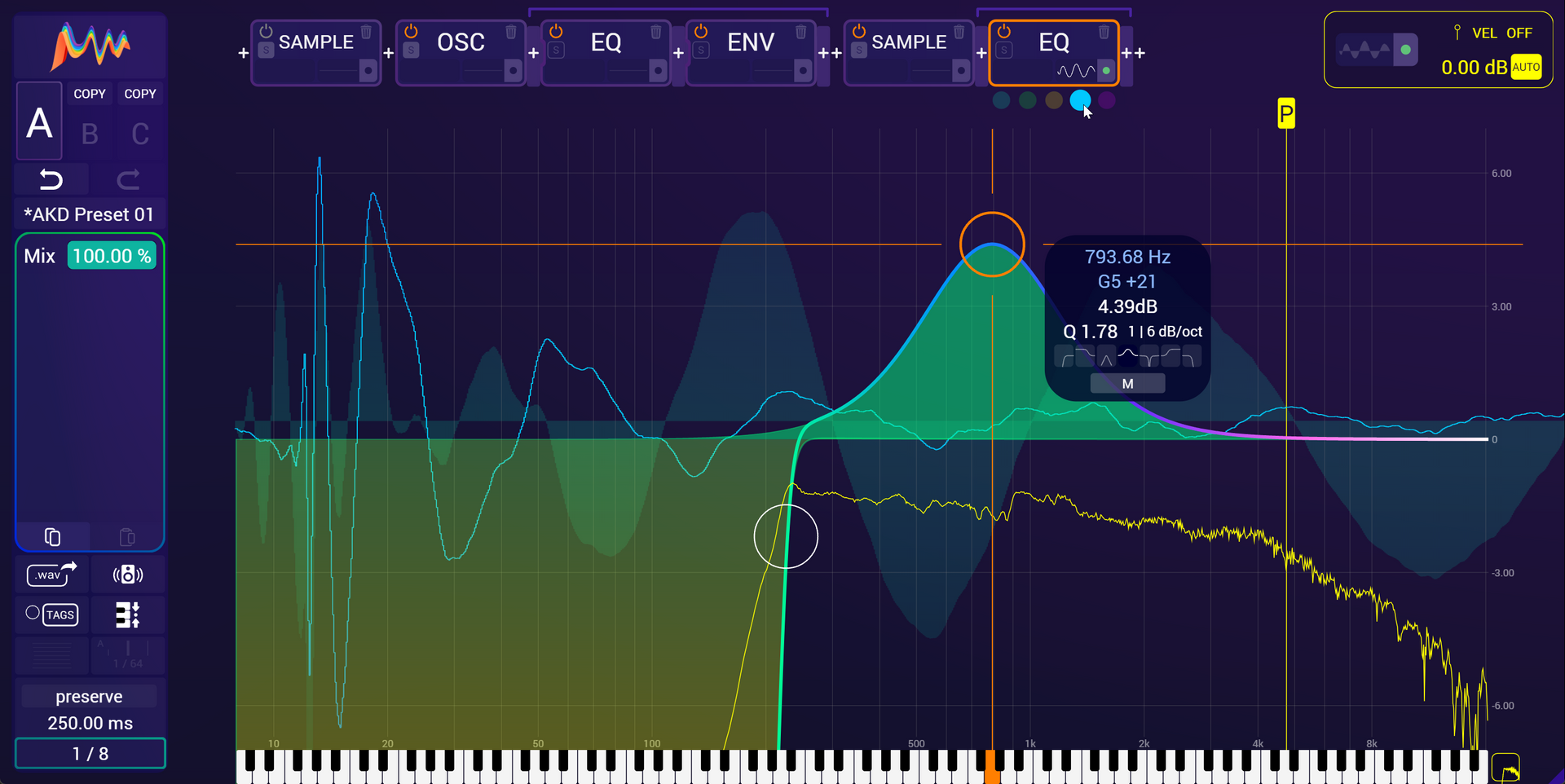 A sound wave visualizer, displaying green and yellow audio waveforms, with a menu box showing note details.