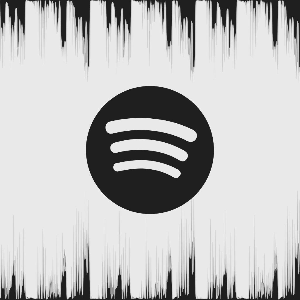 Spotify-Logo auf hellgrauem Hintergrund. Schwarzer Kreis, eingerahmt von statisch anmutenden Strichen.