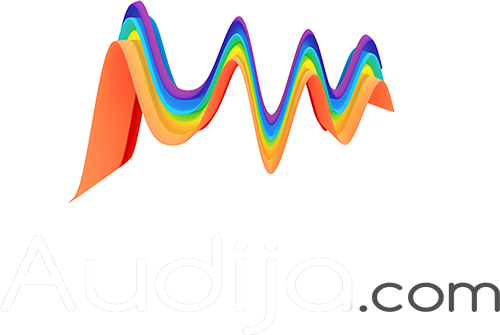 Colorful, wavy audio spectrum with rainbow colors, below is text “Audijio.com” in white.
