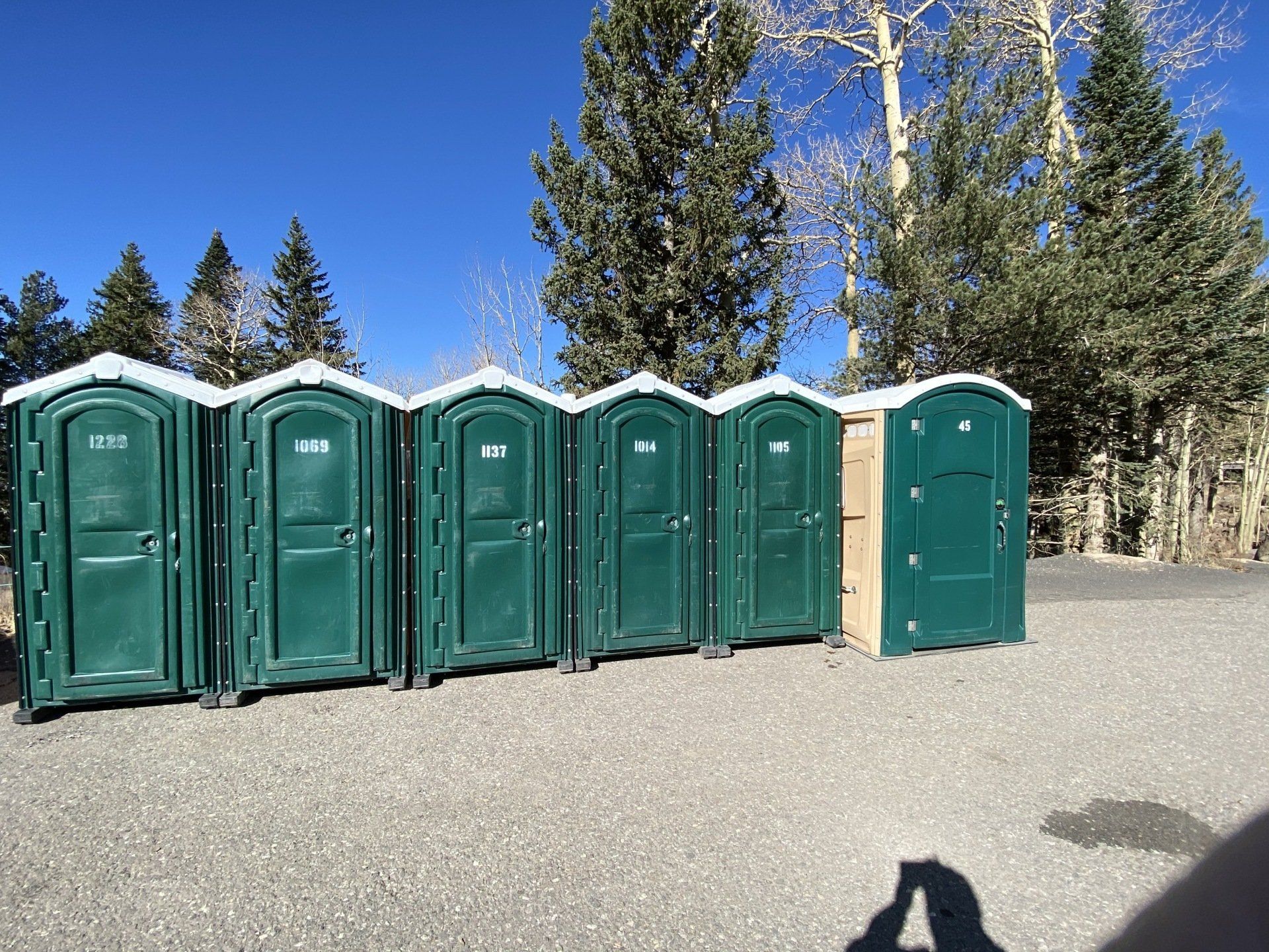 Portable restrooms with pine trees | Flagstaff, AZ | First Class Sanitation