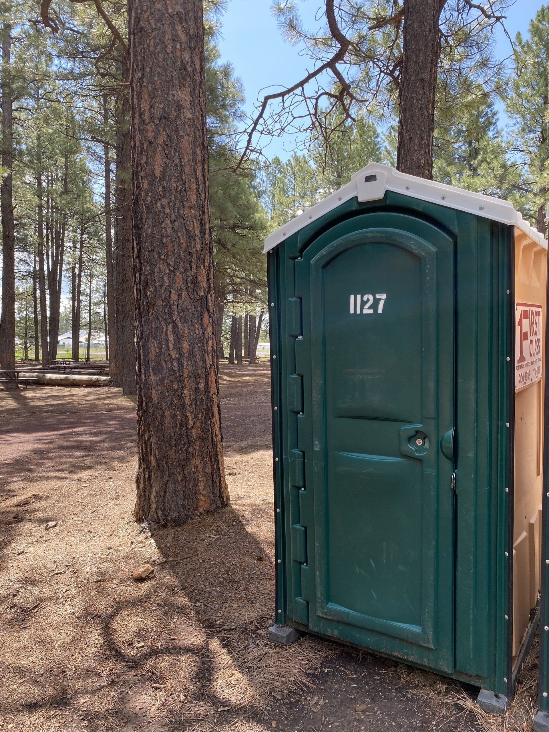 Portable restroom near a tree | Flagstaff, AZ | First Class Sanitation