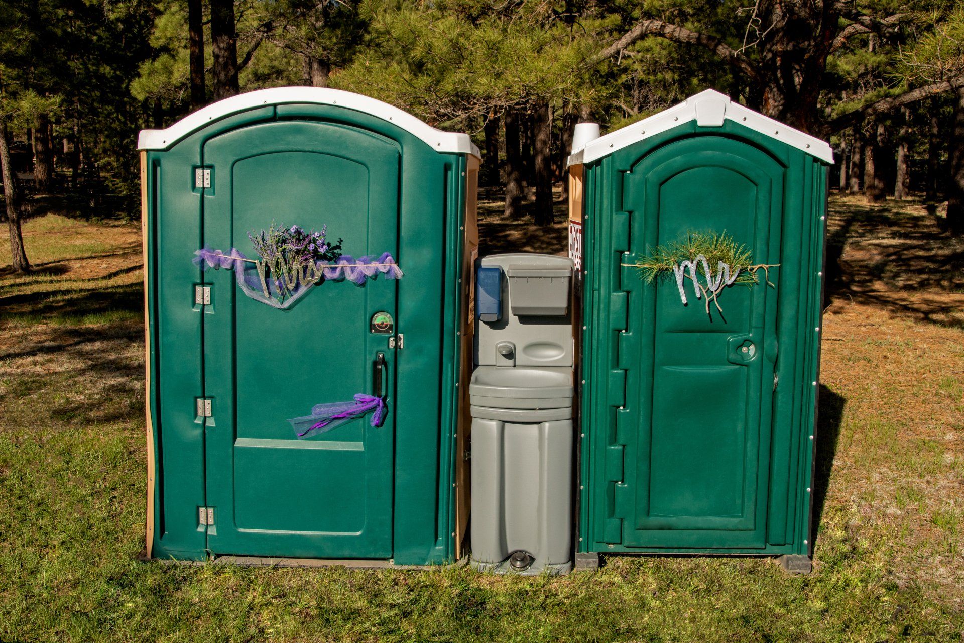 Portable restrooms for wedding with garland | Flagstaff, AZ | First Class Sanitation