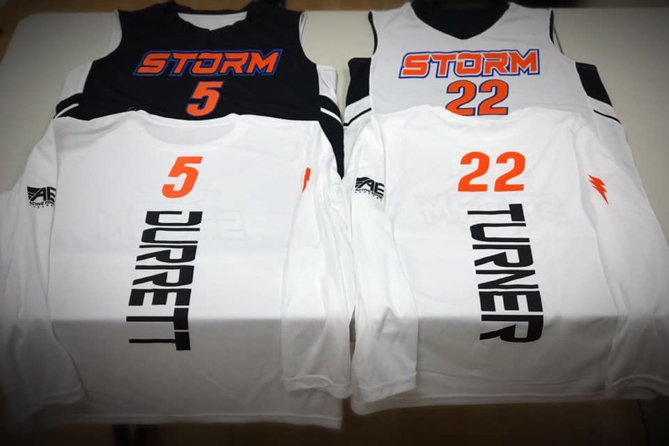 Two basketball jerseys with storm written on them