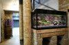 Fish tank mounted on a stone ledge in a home interior. Interior of the home includes stone columns and a doorway.