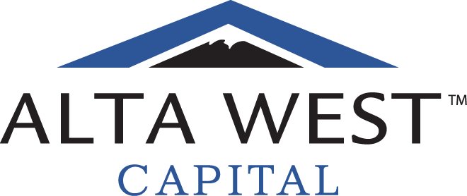 The logo for alta west capital has a mountain on it.