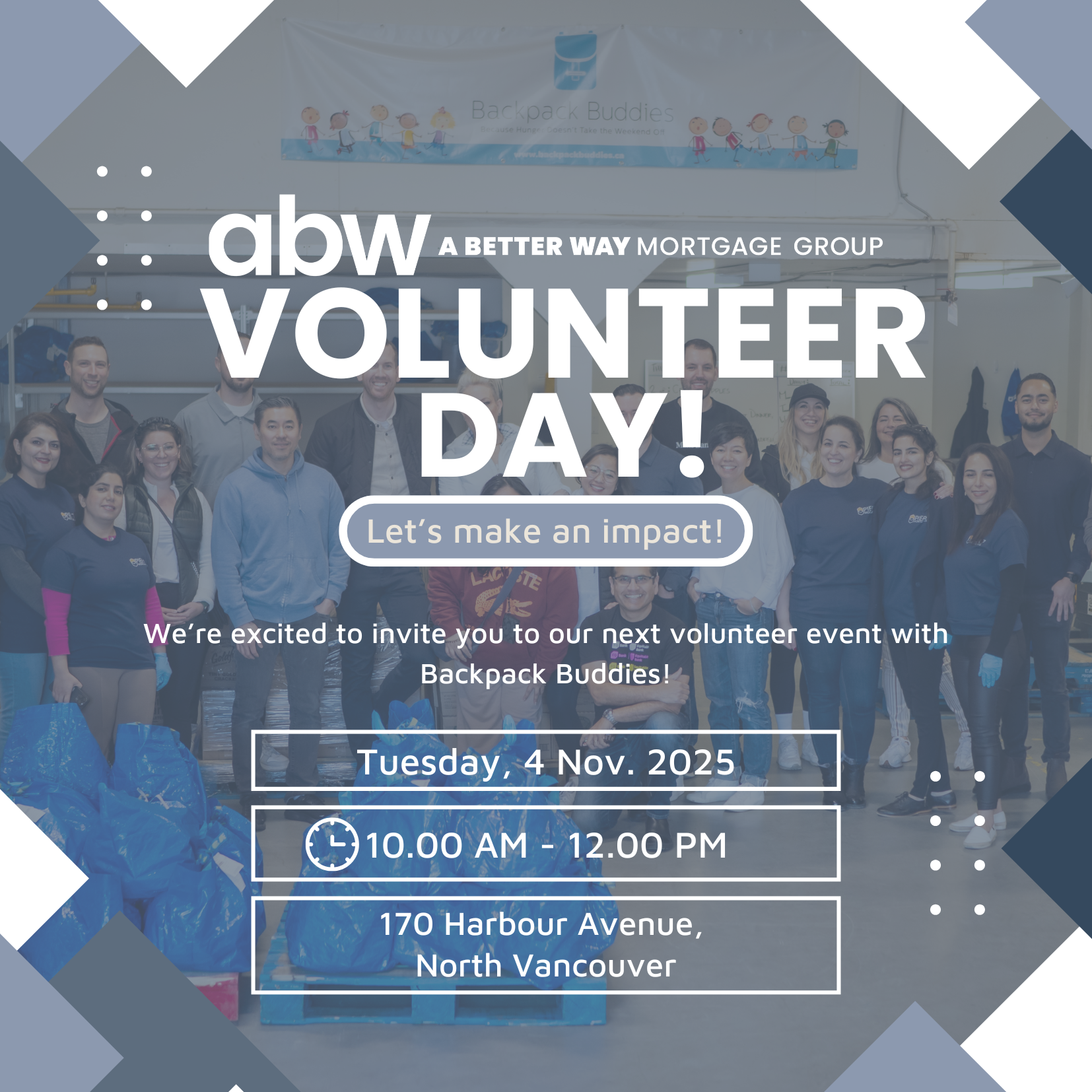 A group of people are standing in front of a sign that says volunteer day