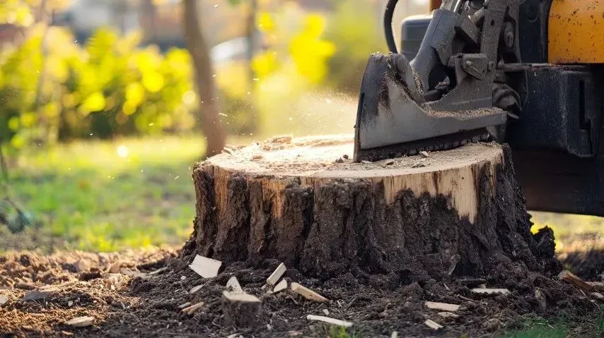 Industrial stump grinder removing a tree stump from a yard.