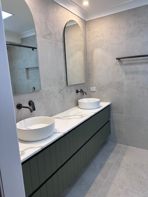 Modern Bathroom With a Double Sink — Custom Design Bathroom Renovations in Port Macquarie, NSW