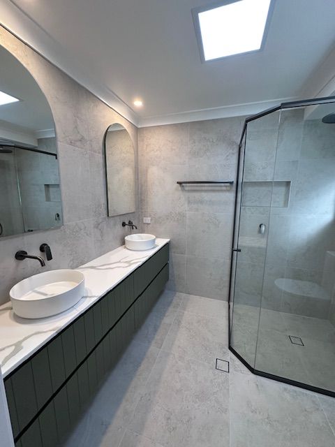 Modern Bathroom With Gray Walls — Custom Design Bathroom Renovations in Port Macquarie, NSW