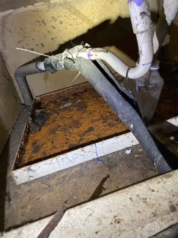 A bunch of pipes are hanging from the ceiling of a room.