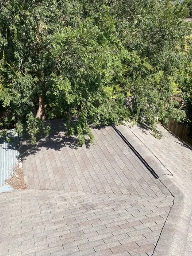 An aerial view of a roof with trees in the background