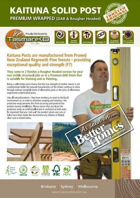 Advert for Kaituna Solid Post, Featuring a Man Holding a Level Next to The Post — Express Timber Solutions In Long Jetty, NSW
