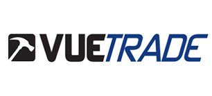 A logo featuring a white hammer icon inside a black square next to the text "VUETRADE" in black and blue font.