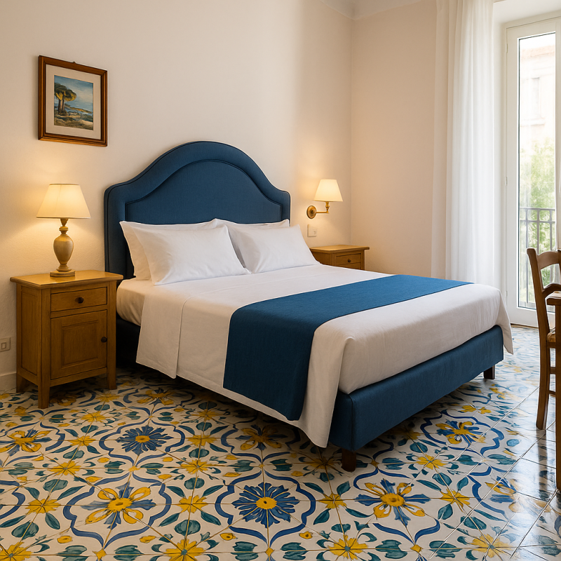 Una camera d'albergo con un letto grande e un pavimento floreale