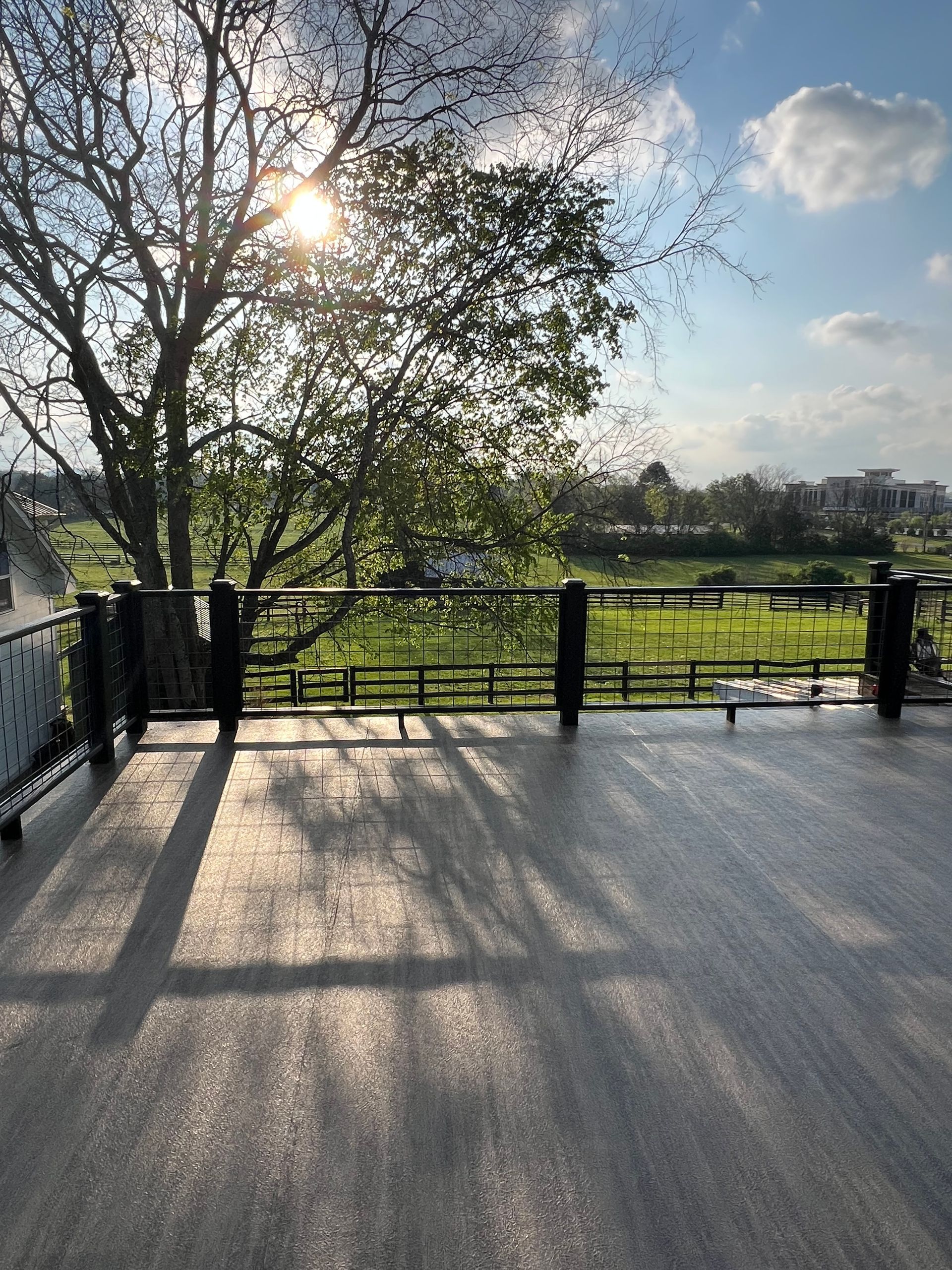 Sun shining through tree, casting shadows on a deck with a railing overlooking a green field.