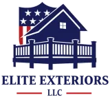 Logo for Elite Exteriors LLC: House silhouette, deck, and American flag shield in navy and red.