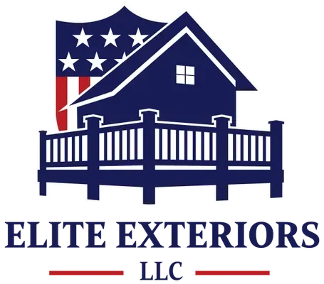 Logo for Elite Exteriors LLC: House silhouette, deck, and American flag shield in navy and red.
