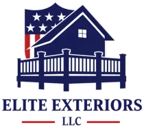 Logo for Elite Exteriors LLC: House silhouette, deck, and American flag shield in navy and red.