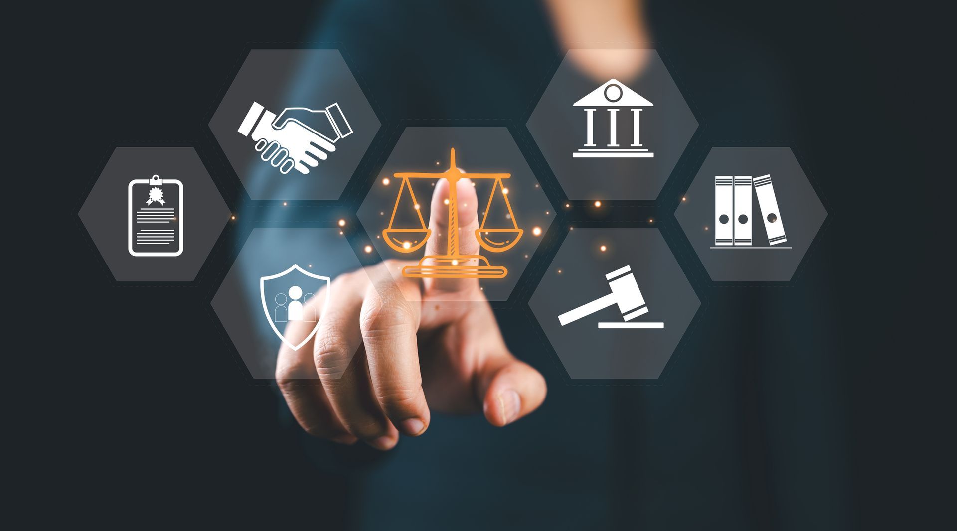 Hand pointing at scales of justice icon surrounded by legal symbols.