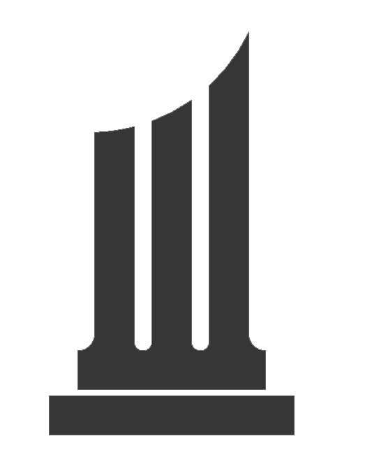 Gray logo: three stylized columns on a base, one column curved. Gray logo: three stylized columns on a base, one column curved.