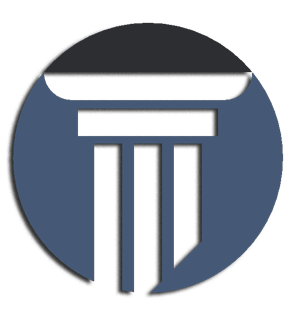 Blue circle with a white column and three pillars; a dark gray shape on top. Blue circle with a white column and three pillars; a dark gray shape on top.