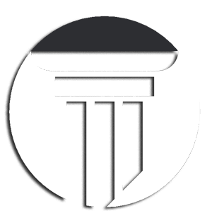 White column icon within a circle, top section shaded dark gray. White column icon within a circle, top section shaded dark gray.