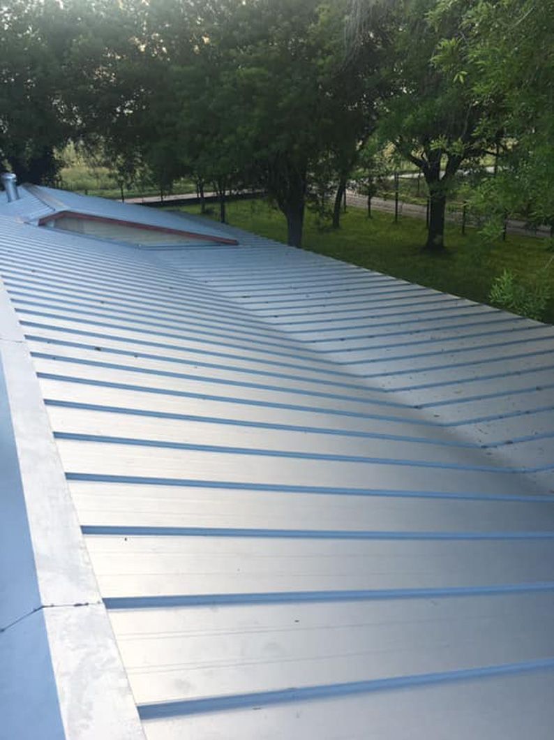 Metal roof with raised ribs, oval skylight, trees in background.