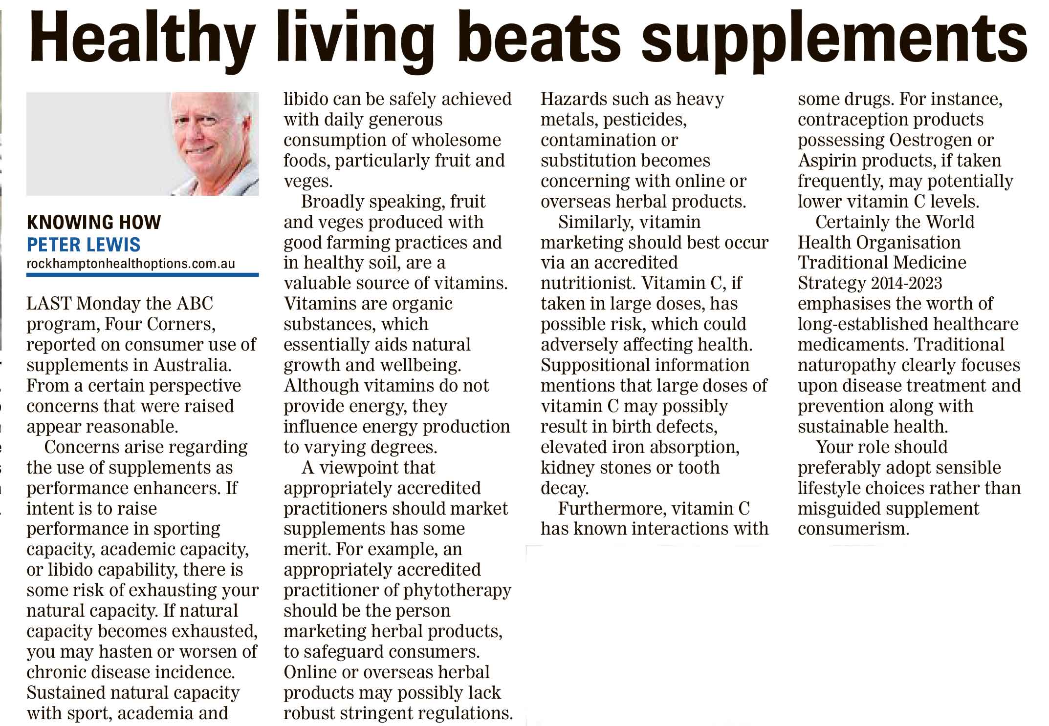 Article on healthy living beats supplements 