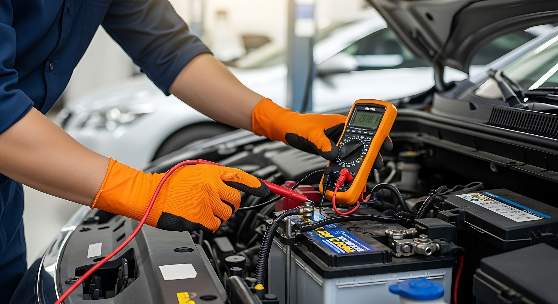 Auto technician in orange gloves testing a car battery with a multimeter under an open hood in a repair shop Auto technician in orange gloves testing a car battery with a multimeter under an open hood in a repair shop