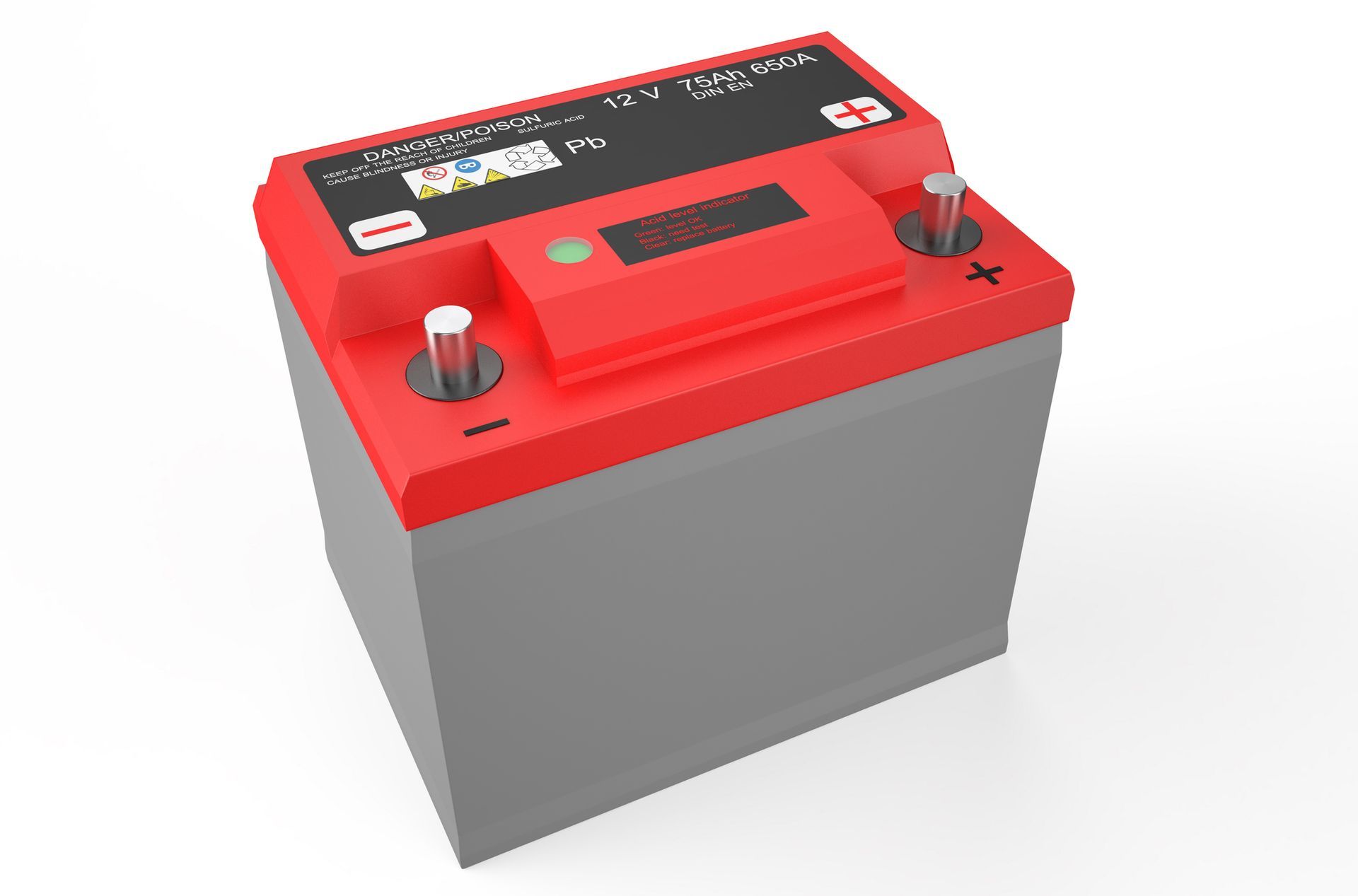 Optima battery with red top and gray body on white background.