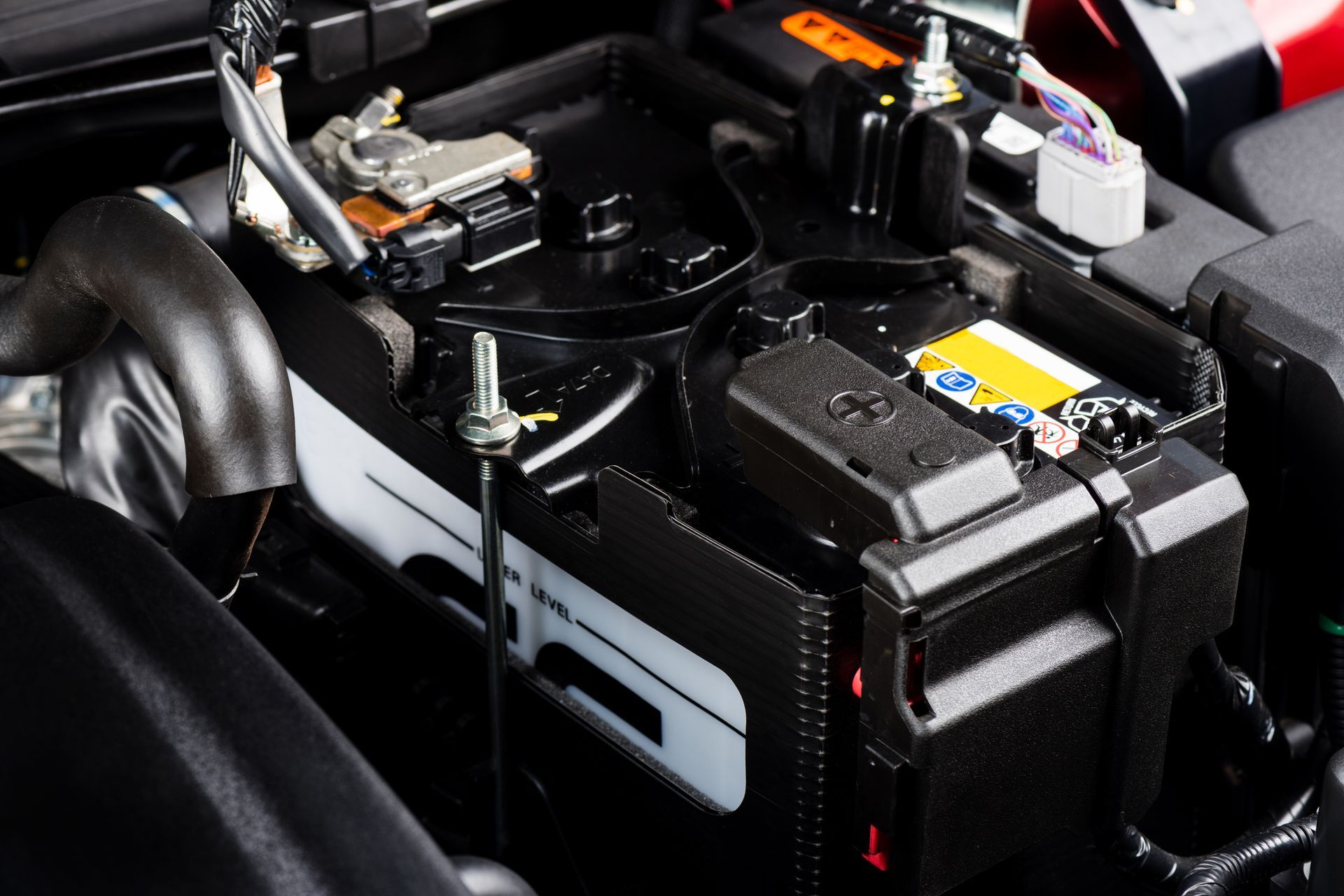 Closeup new battery car in engine room.