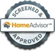 HomeAdvisor screened and approved logo, silver and white with text and house icon.