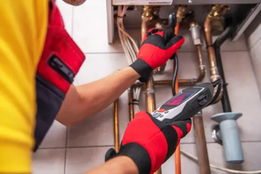 Person in red gloves inspects a boiler with a handheld device. Copper pipes and wiring visible in a tiled room.