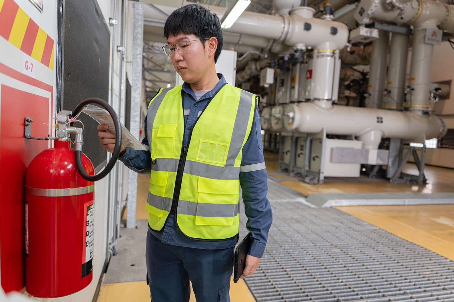 A worker is performing a fire system inspection, checking the fire extinguisher record.