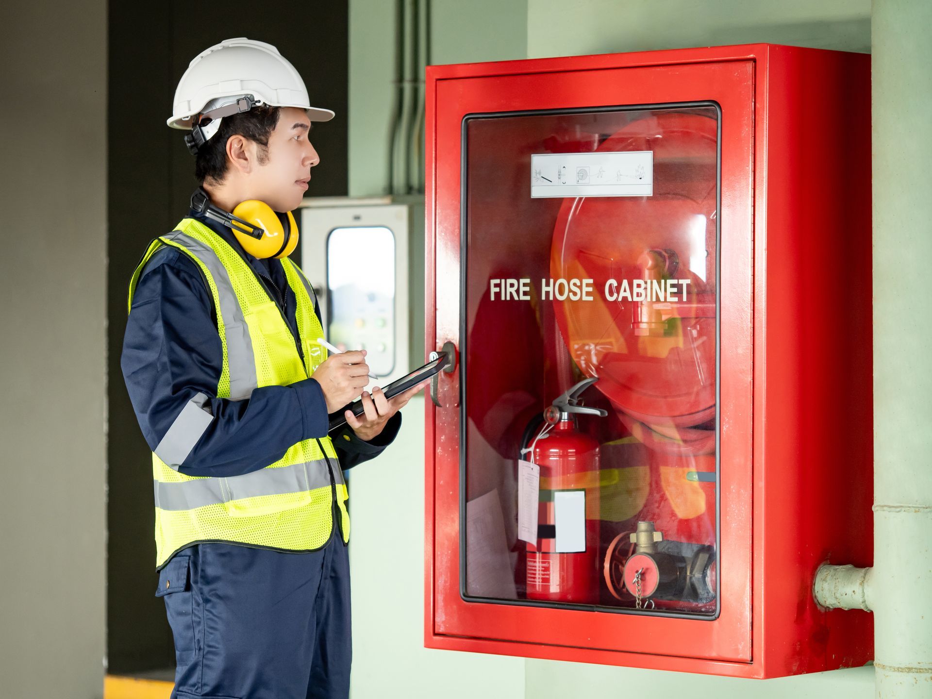 A worker in safety gear inspects a red fire hose cabinet with a fire extinguisher inside.